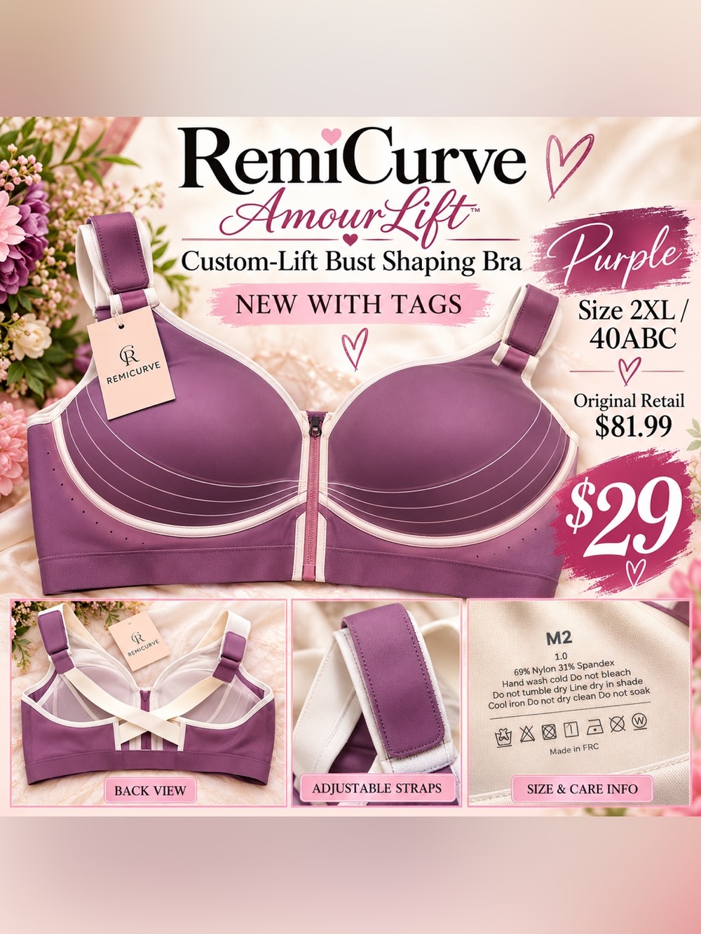 RemiCurve AmourLift Custom-Lift Shaping Bra Purple 2XL NWT